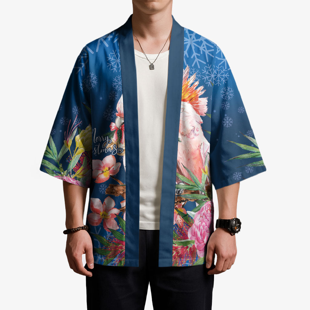 Australia Christmas Pink Cockatoo with Banksia Kimono Snowy Blue