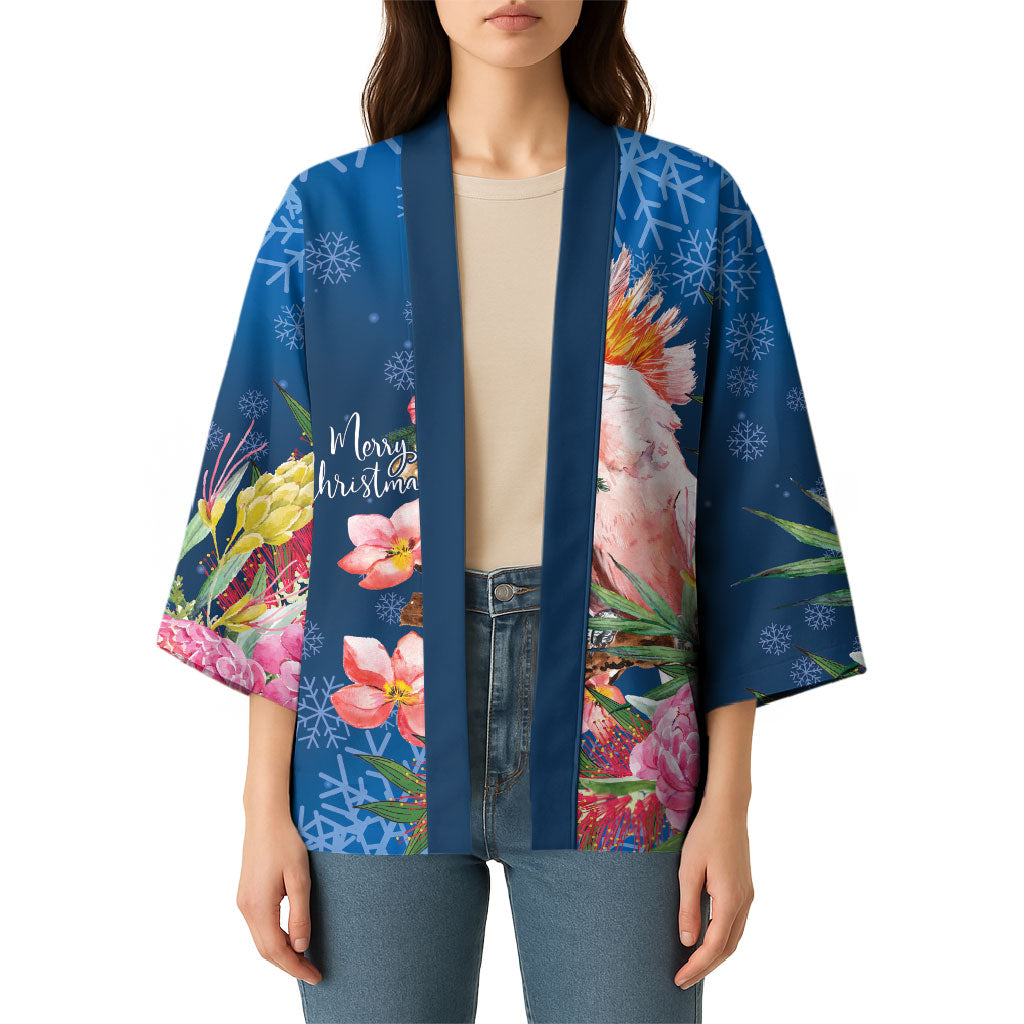 Australia Christmas Pink Cockatoo with Banksia Kimono Snowy Blue