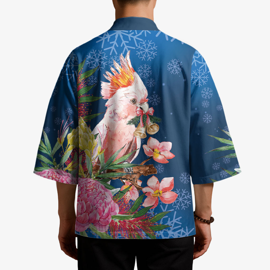 Australia Christmas Pink Cockatoo with Banksia Kimono Snowy Blue