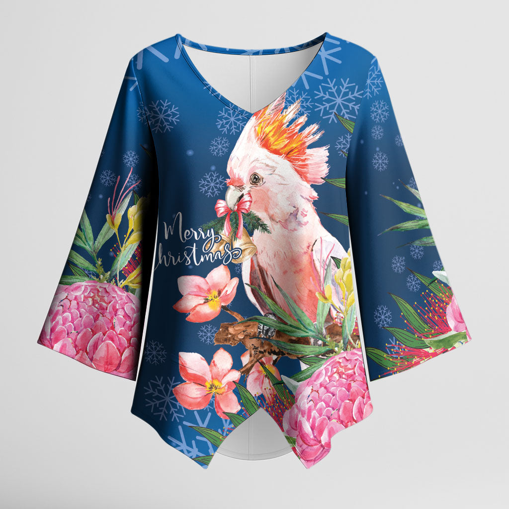 Australia Christmas Pink Cockatoo with Banksia Kimono Sleeve Blouse Snowy Blue