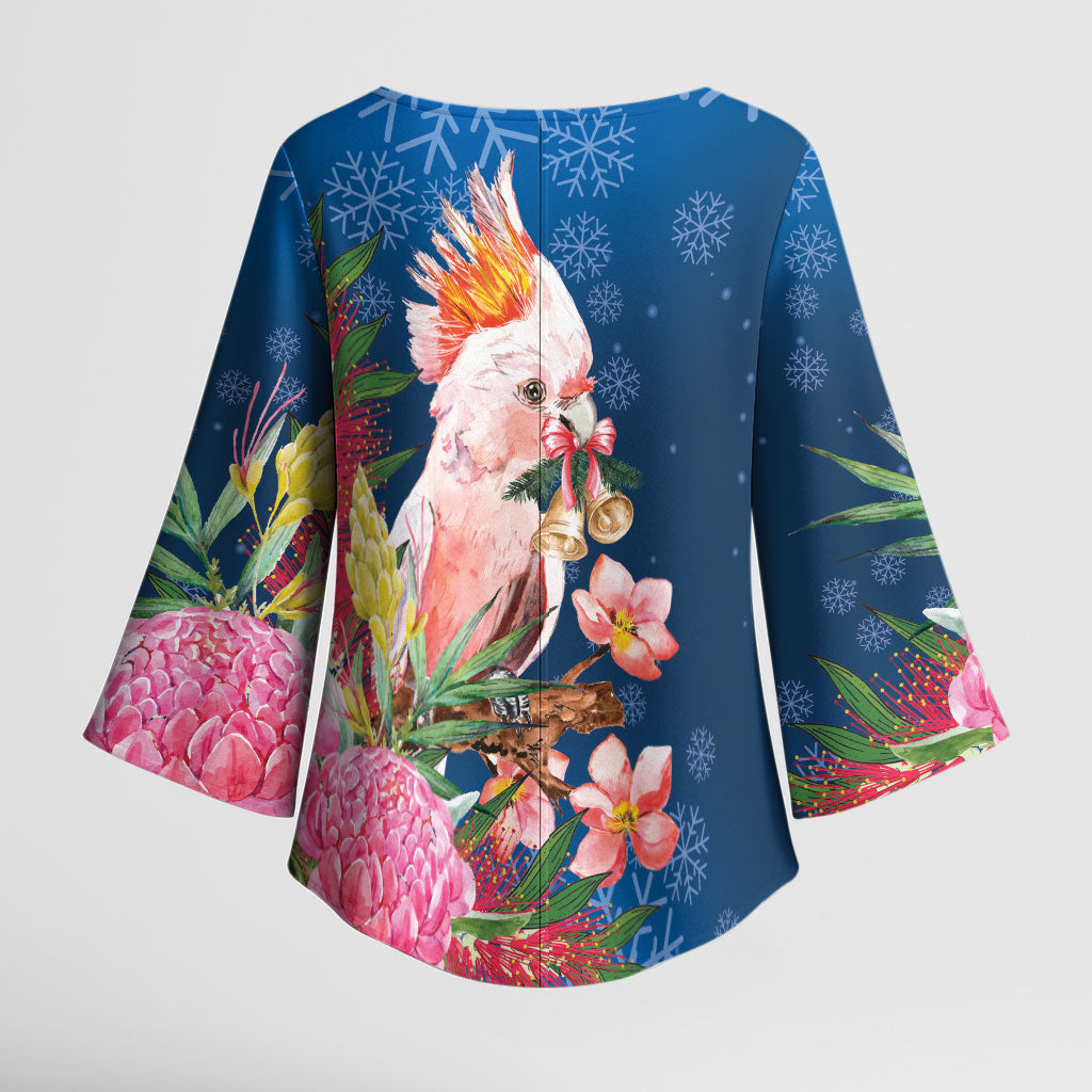 Australia Christmas Pink Cockatoo with Banksia Kimono Sleeve Blouse Snowy Blue