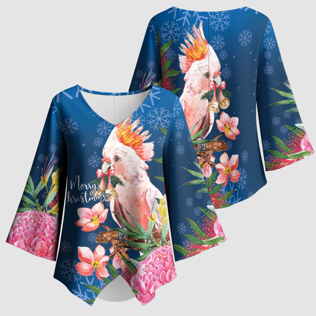 Australia Christmas Pink Cockatoo with Banksia Kimono Sleeve Blouse Snowy Blue