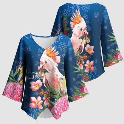 Australia Christmas Pink Cockatoo with Banksia Kimono Sleeve Blouse Snowy Blue