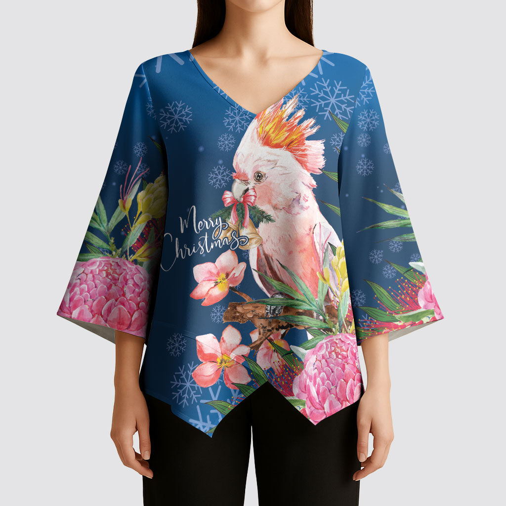 Australia Christmas Pink Cockatoo with Banksia Kimono Sleeve Blouse Snowy Blue