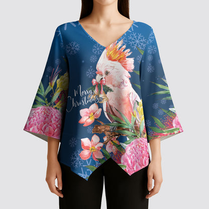 Australia Christmas Pink Cockatoo with Banksia Kimono Sleeve Blouse Snowy Blue