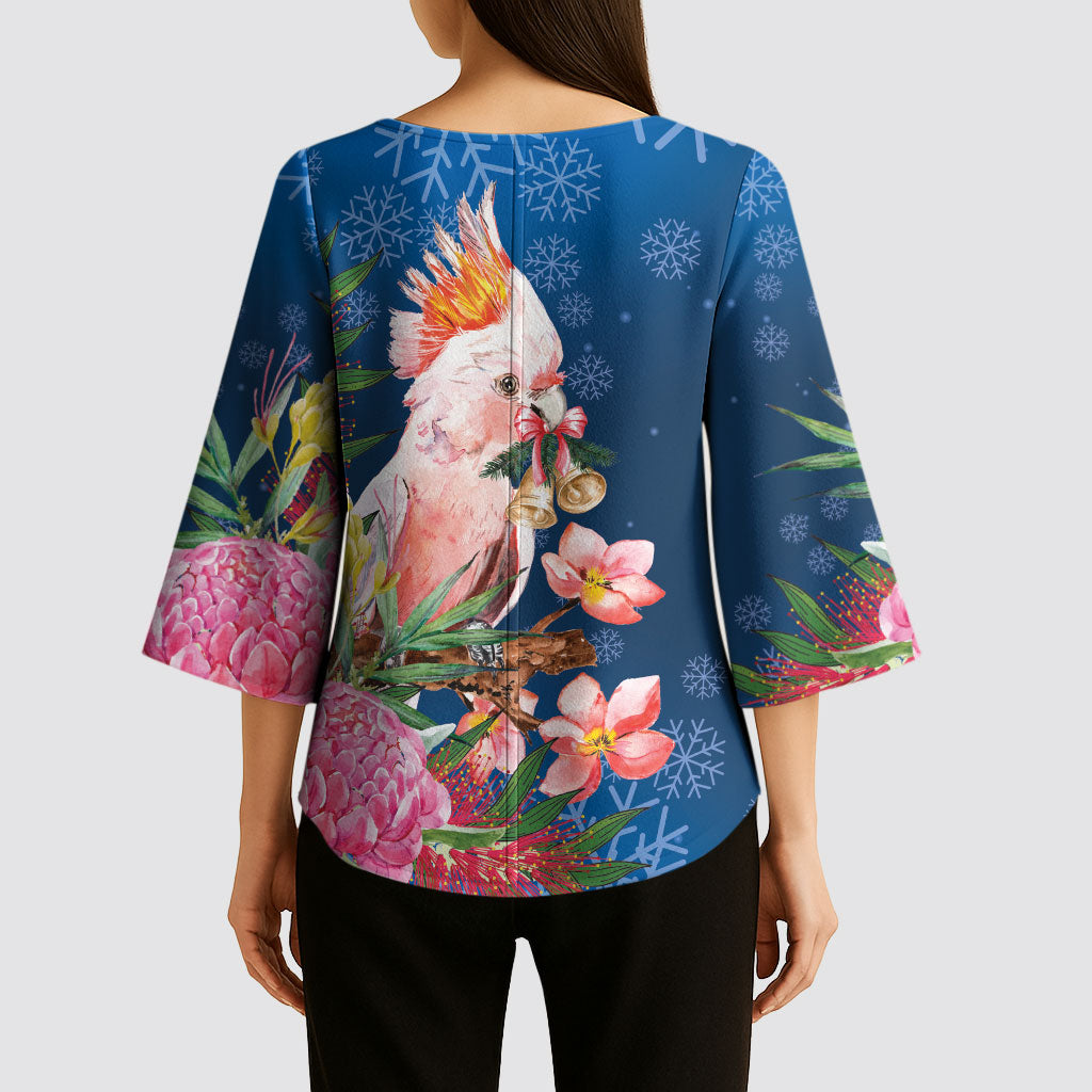 Australia Christmas Pink Cockatoo with Banksia Kimono Sleeve Blouse Snowy Blue