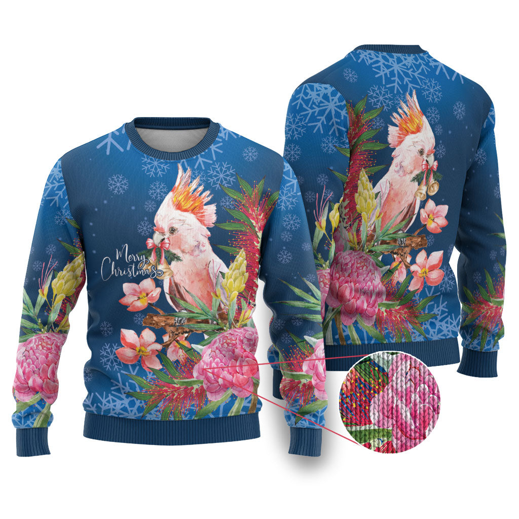 Australia Christmas Pink Cockatoo with Banksia Ugly Christmas Sweater Snowy Blue