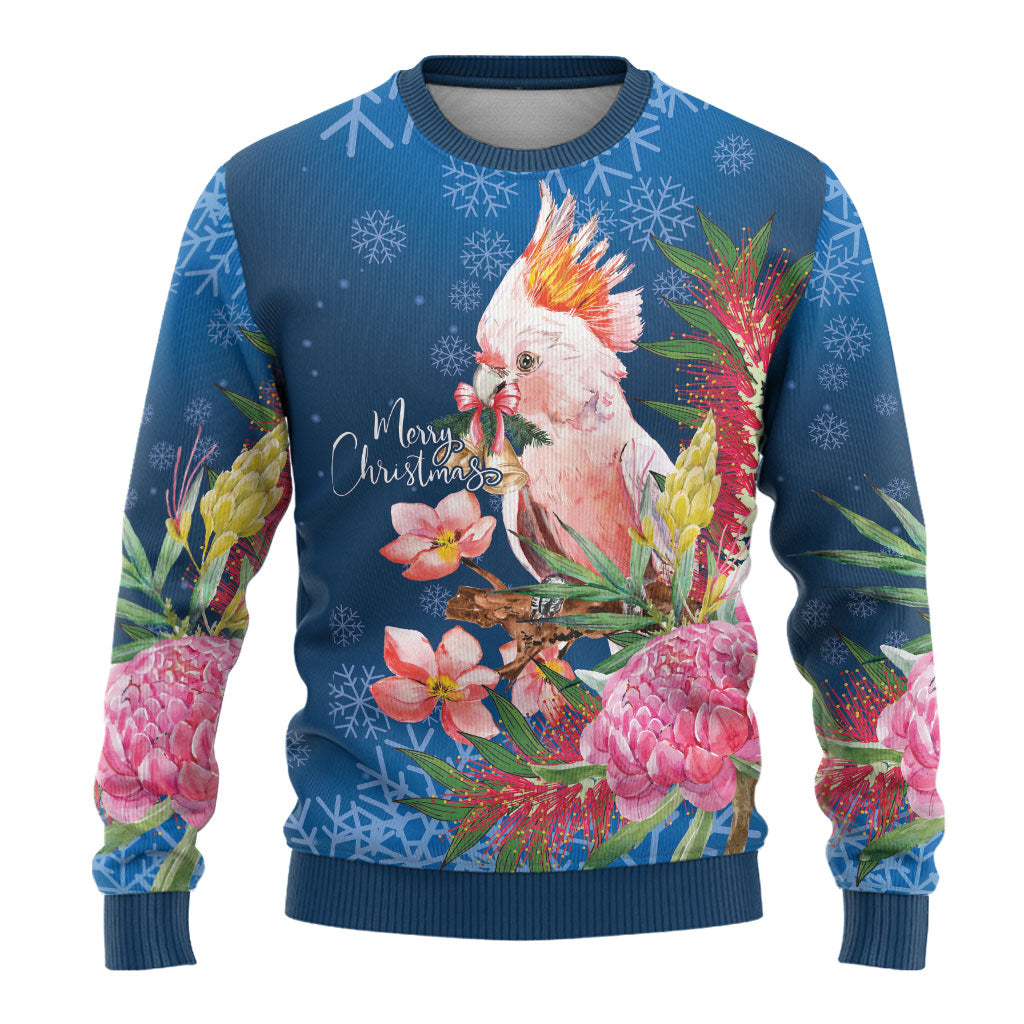 Australia Christmas Pink Cockatoo with Banksia Ugly Christmas Sweater Snowy Blue