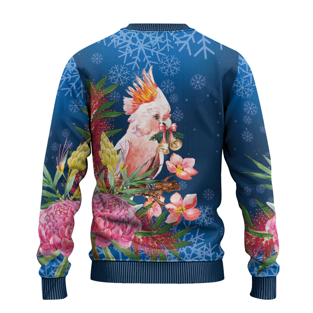 Australia Christmas Pink Cockatoo with Banksia Ugly Christmas Sweater Snowy Blue
