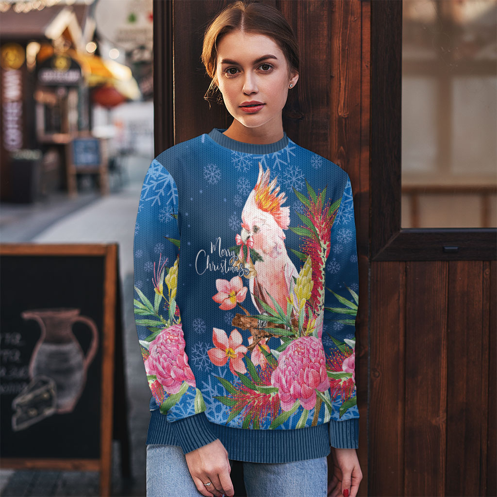 Australia Christmas Pink Cockatoo with Banksia Ugly Christmas Sweater Snowy Blue
