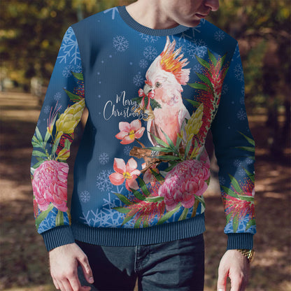 Australia Christmas Pink Cockatoo with Banksia Ugly Christmas Sweater Snowy Blue