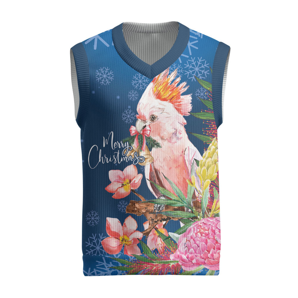 Australia Christmas Pink Cockatoo with Banksia Christmas Knitted V-Neck Vest Snowy Blue