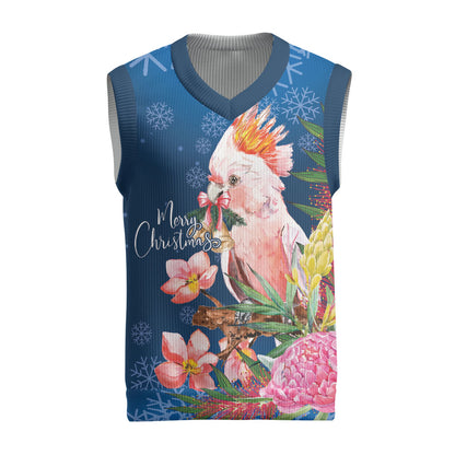 Australia Christmas Pink Cockatoo with Banksia Christmas Knitted V-Neck Vest Snowy Blue