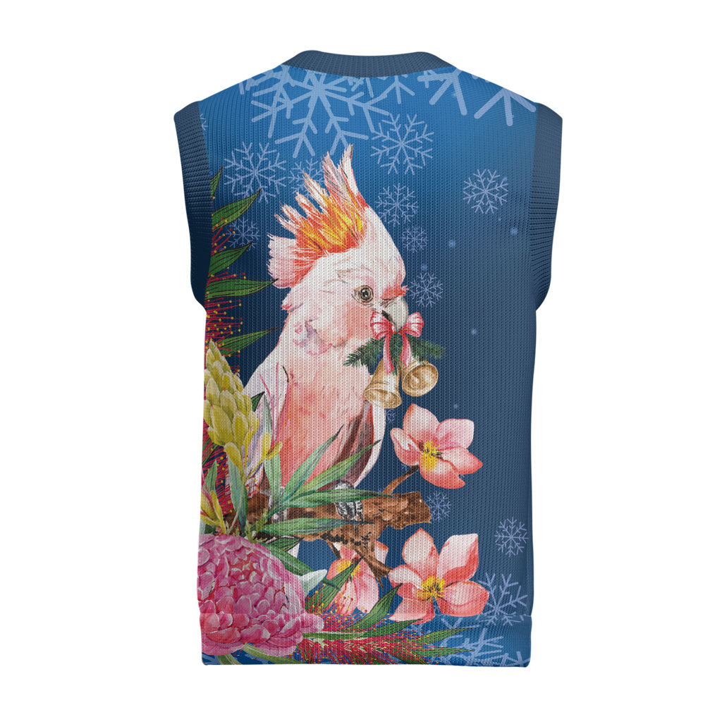 Australia Christmas Pink Cockatoo with Banksia Christmas Knitted V-Neck Vest Snowy Blue