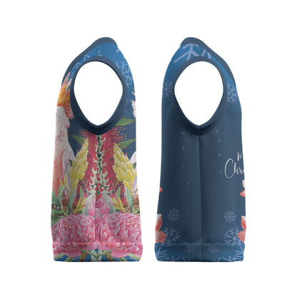 Australia Christmas Pink Cockatoo with Banksia Christmas Knitted V-Neck Vest Snowy Blue
