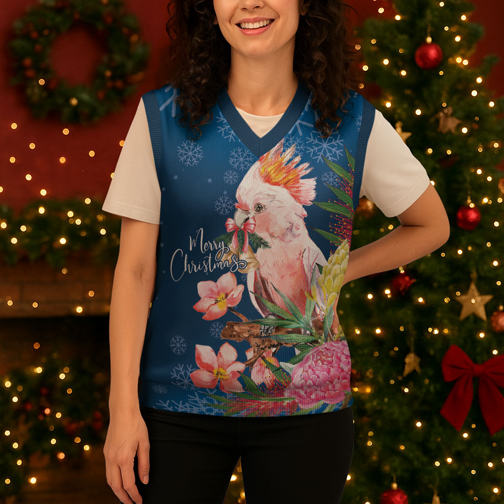 Australia Christmas Pink Cockatoo with Banksia Christmas Knitted V-Neck Vest Snowy Blue