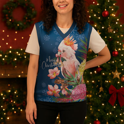 Australia Christmas Pink Cockatoo with Banksia Christmas Knitted V-Neck Vest Snowy Blue