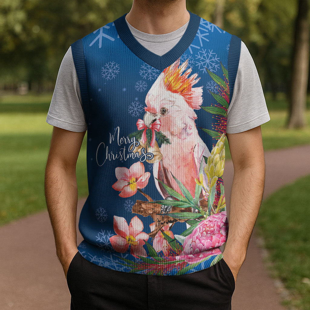 Australia Christmas Pink Cockatoo with Banksia Christmas Knitted V-Neck Vest Snowy Blue