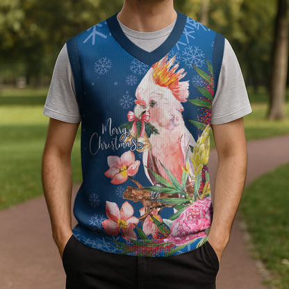Australia Christmas Pink Cockatoo with Banksia Christmas Knitted V-Neck Vest Snowy Blue