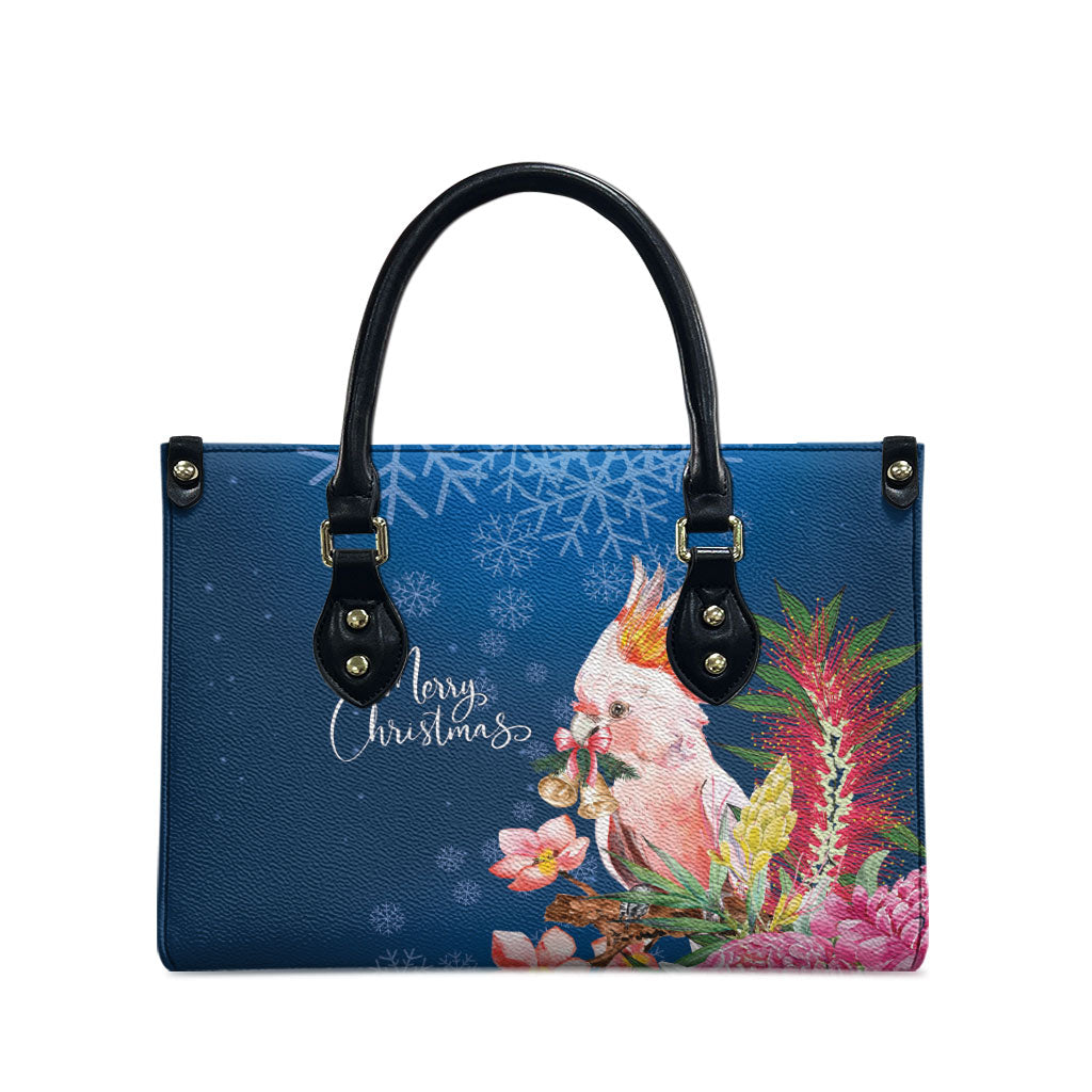 Australia Christmas Pink Cockatoo with Banksia Leather Bag Snowy Blue