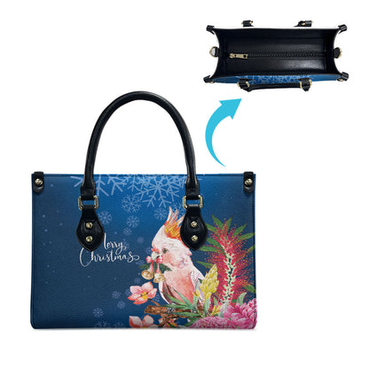 Australia Christmas Pink Cockatoo with Banksia Leather Bag Snowy Blue