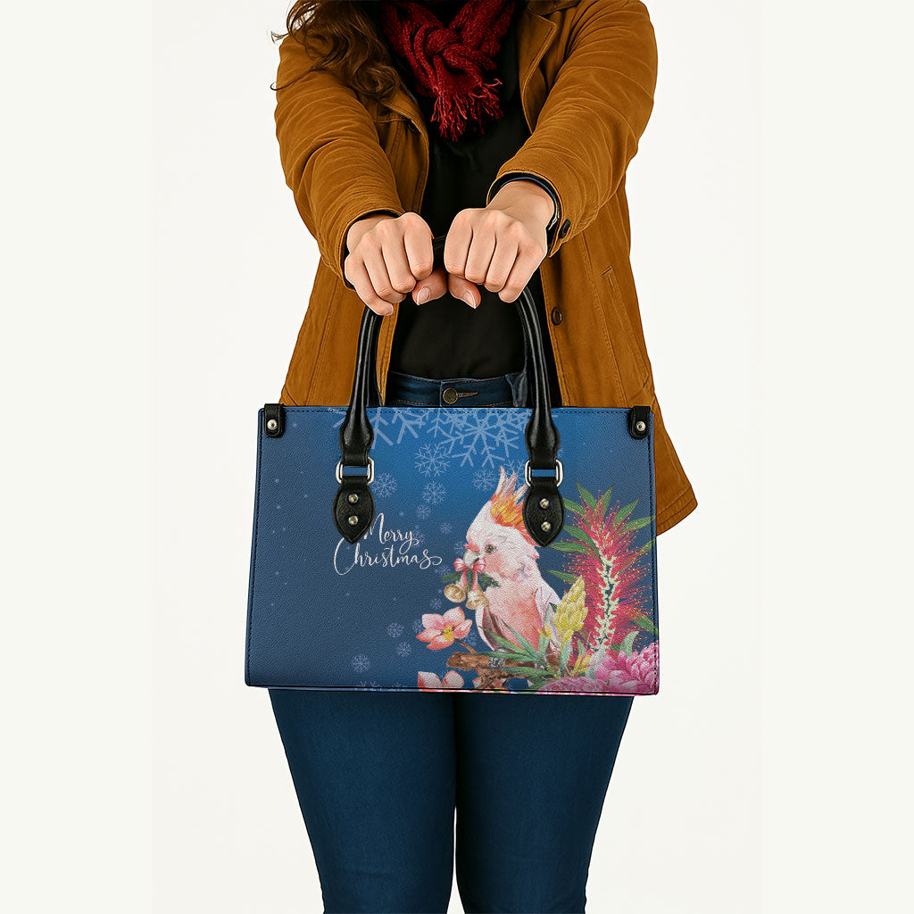 Australia Christmas Pink Cockatoo with Banksia Leather Bag Snowy Blue