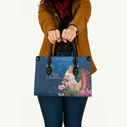 Australia Christmas Pink Cockatoo with Banksia Leather Bag Snowy Blue