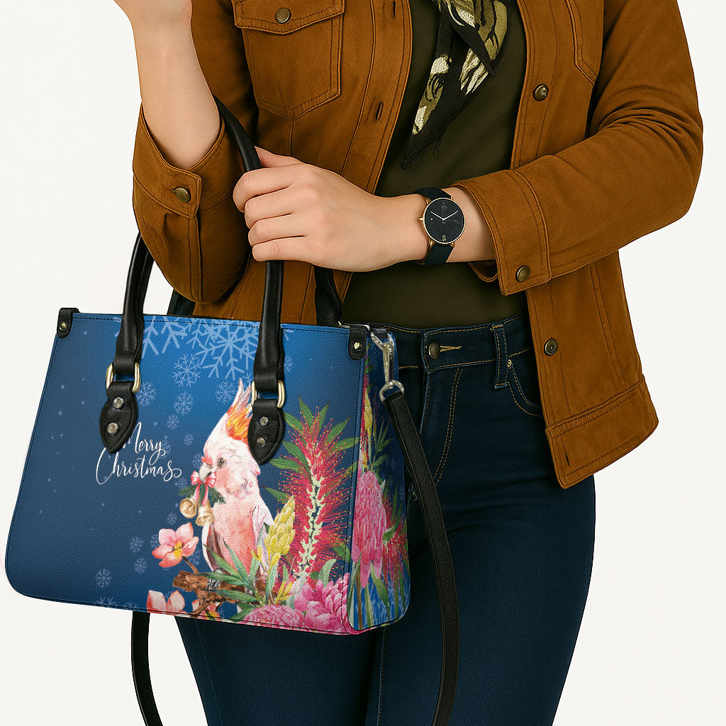 Australia Christmas Pink Cockatoo with Banksia Leather Bag Snowy Blue