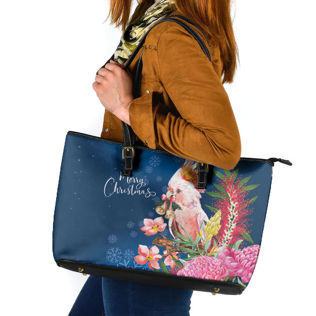 Australia Christmas Pink Cockatoo with Banksia Leather Tote Bag Snowy Blue