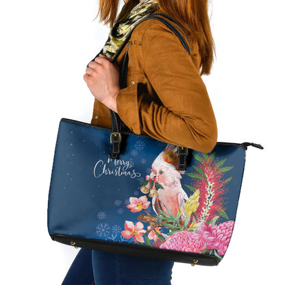 Australia Christmas Pink Cockatoo with Banksia Leather Tote Bag Snowy Blue
