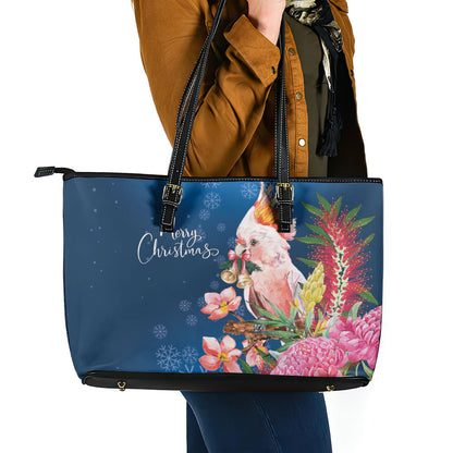 Australia Christmas Pink Cockatoo with Banksia Leather Tote Bag Snowy Blue