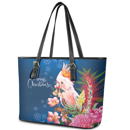 Australia Christmas Pink Cockatoo with Banksia Leather Tote Bag Snowy Blue