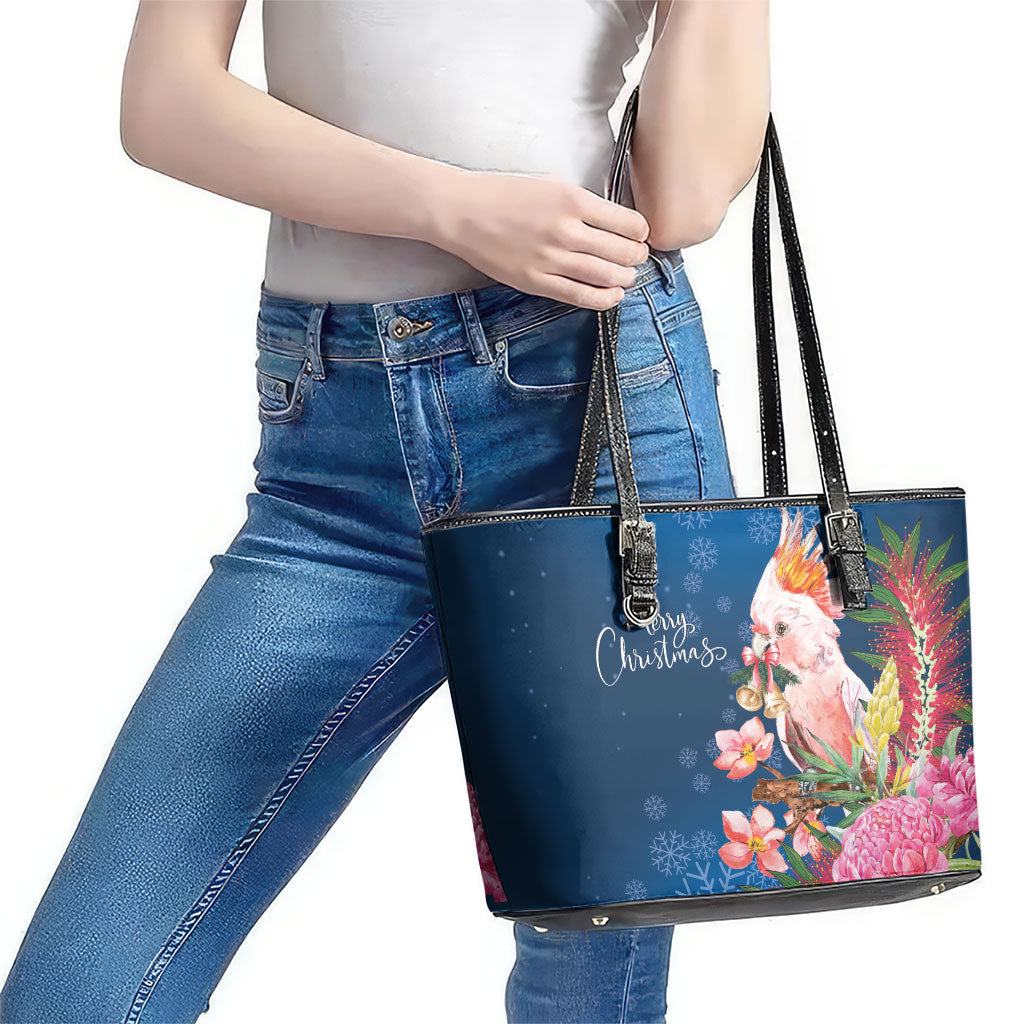 Australia Christmas Pink Cockatoo with Banksia Leather Tote Bag Snowy Blue