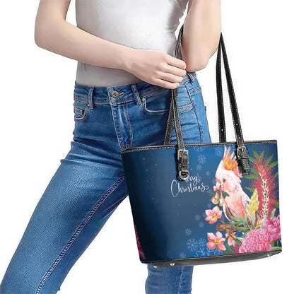 Australia Christmas Pink Cockatoo with Banksia Leather Tote Bag Snowy Blue
