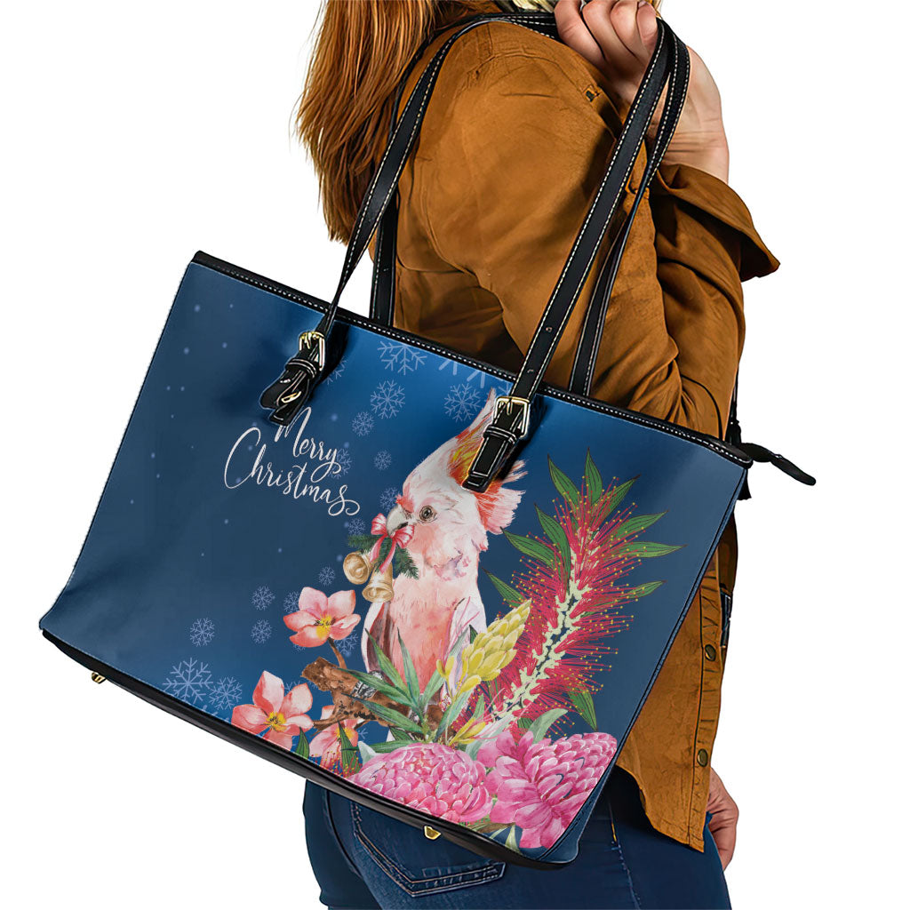 Australia Christmas Pink Cockatoo with Banksia Leather Tote Bag Snowy Blue