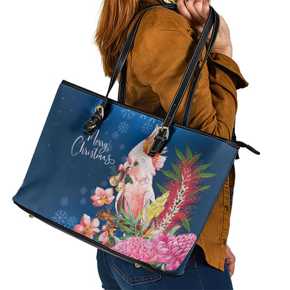 Australia Christmas Pink Cockatoo with Banksia Leather Tote Bag Snowy Blue