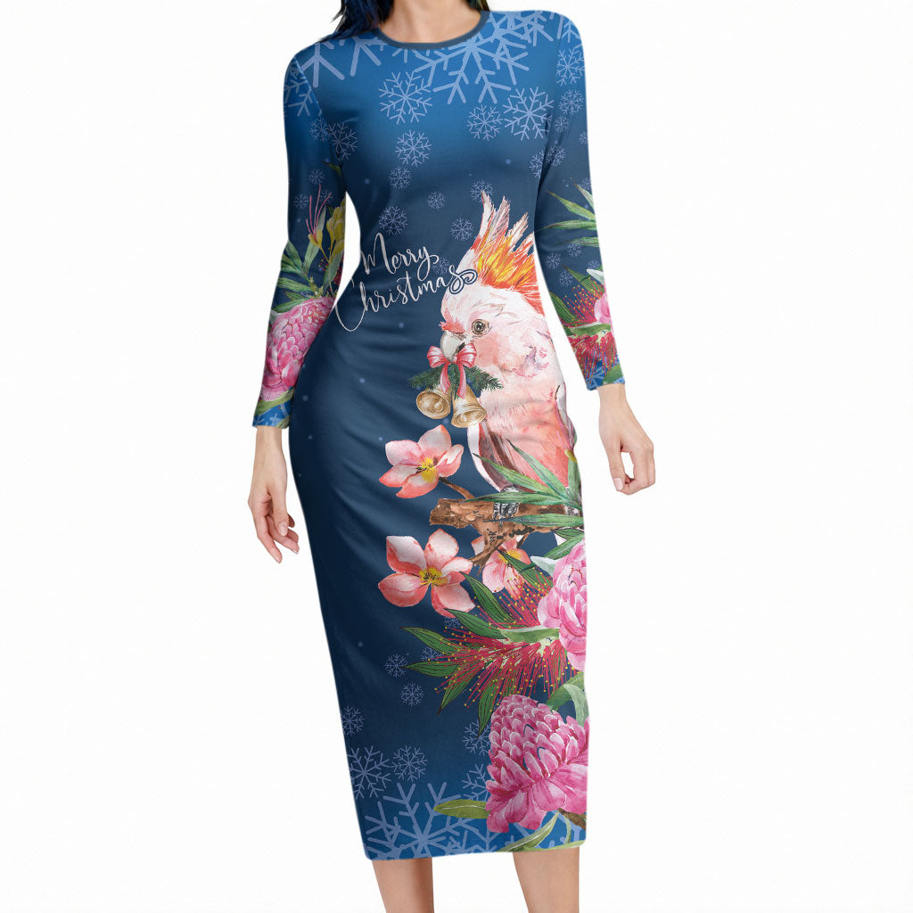 Australia Christmas Pink Cockatoo with Banksia Long Sleeve Bodycon Dress Snowy Blue