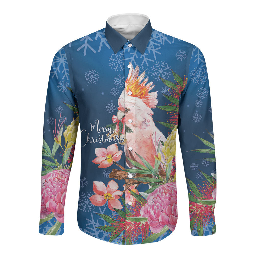 Australia Christmas Pink Cockatoo with Banksia Long Sleeve Button Shirt Snowy Blue
