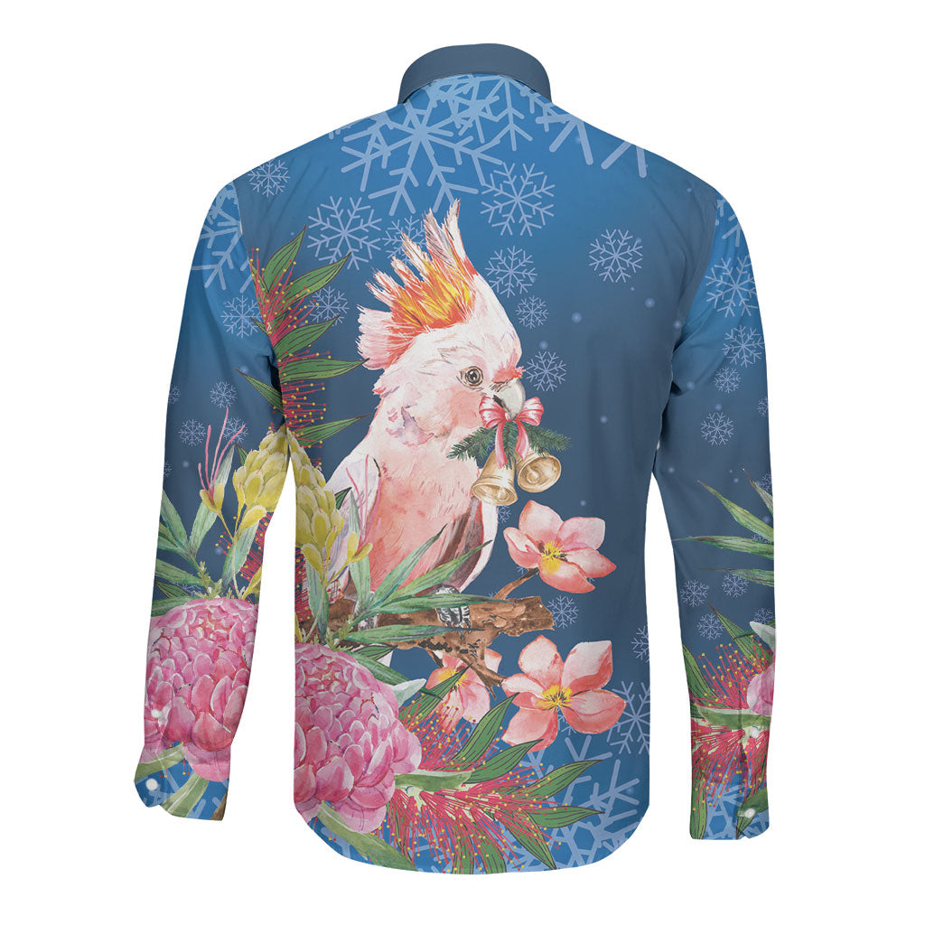 Australia Christmas Pink Cockatoo with Banksia Long Sleeve Button Shirt Snowy Blue