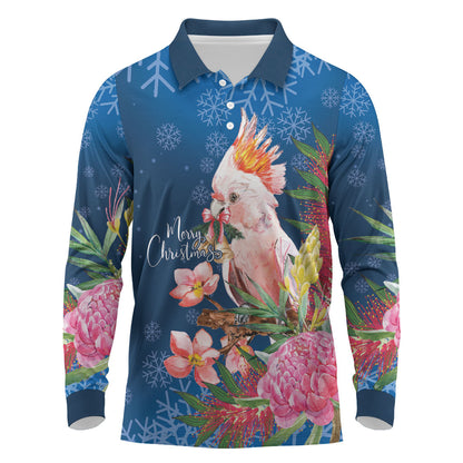 Australia Christmas Pink Cockatoo with Banksia Long Sleeve Polo Shirt Snowy Blue