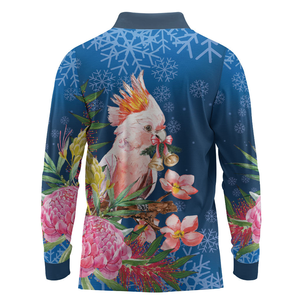 Australia Christmas Pink Cockatoo with Banksia Long Sleeve Polo Shirt Snowy Blue