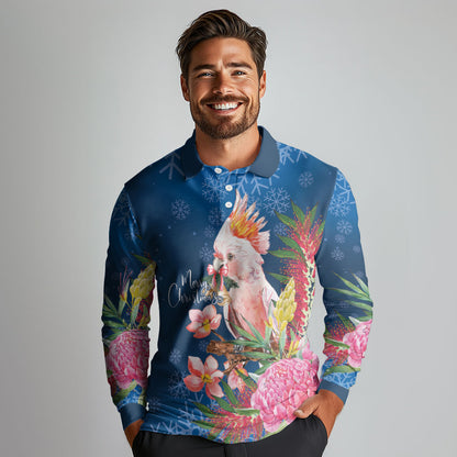 Australia Christmas Pink Cockatoo with Banksia Long Sleeve Polo Shirt Snowy Blue