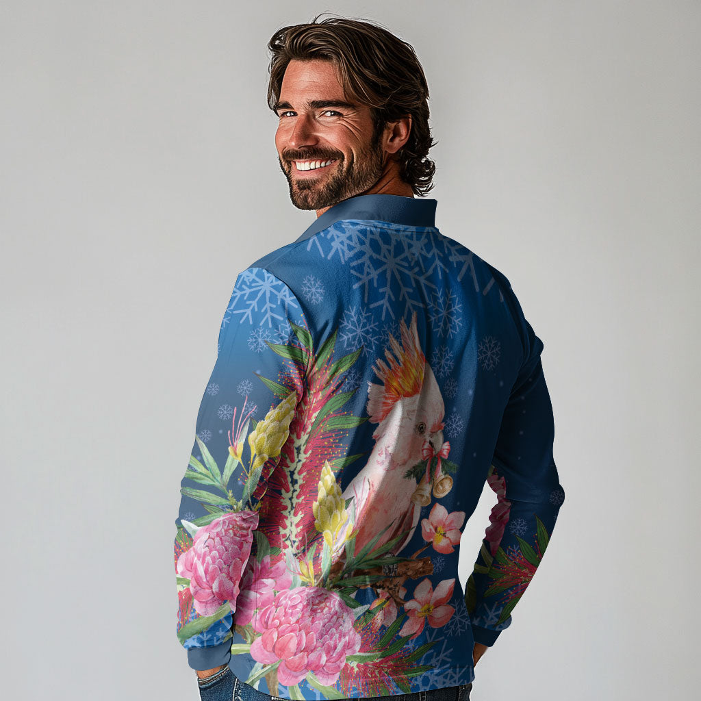 Australia Christmas Pink Cockatoo with Banksia Long Sleeve Polo Shirt Snowy Blue