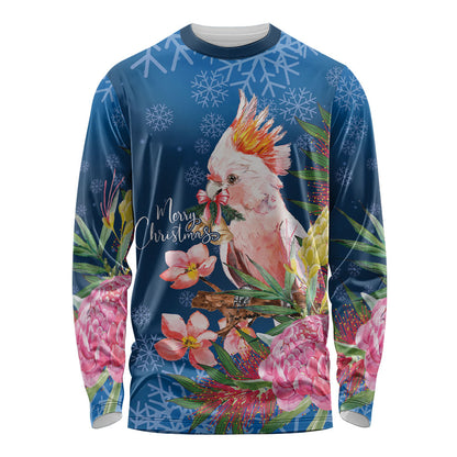 Australia Christmas Pink Cockatoo with Banksia Long Sleeve Shirt Snowy Blue