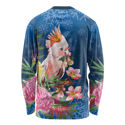 Australia Christmas Pink Cockatoo with Banksia Long Sleeve Shirt Snowy Blue