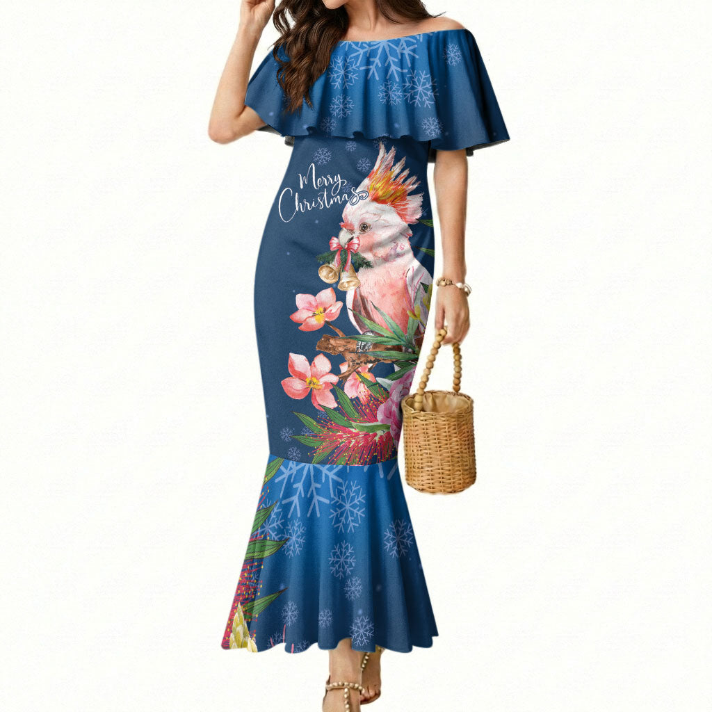 Australia Christmas Pink Cockatoo with Banksia Mermaid Dress Snowy Blue