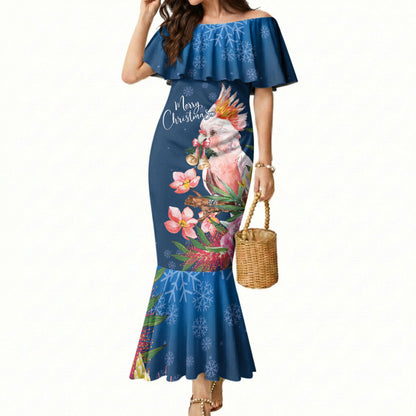 Australia Christmas Pink Cockatoo with Banksia Mermaid Dress Snowy Blue