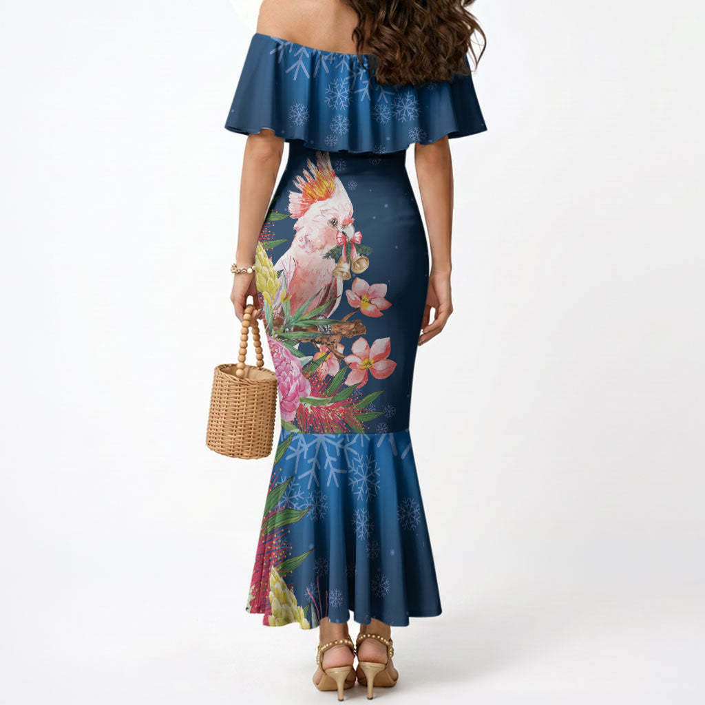 Australia Christmas Pink Cockatoo with Banksia Mermaid Dress Snowy Blue