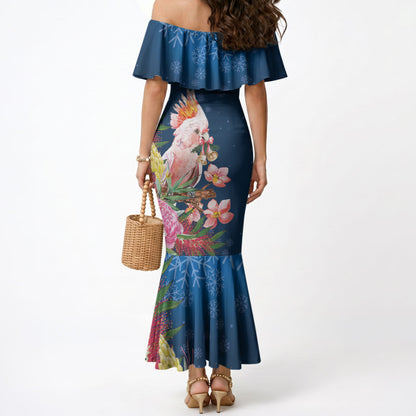 Australia Christmas Pink Cockatoo with Banksia Mermaid Dress Snowy Blue