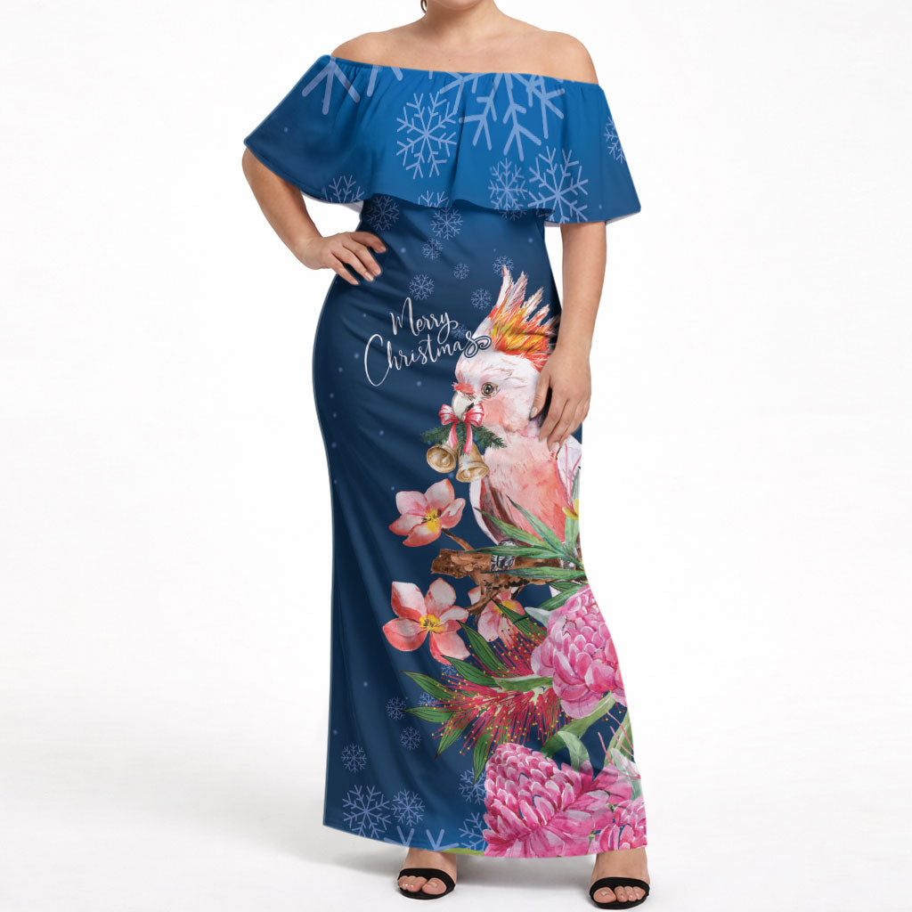Australia Christmas Pink Cockatoo with Banksia Off Shoulder Maxi Dress Snowy Blue